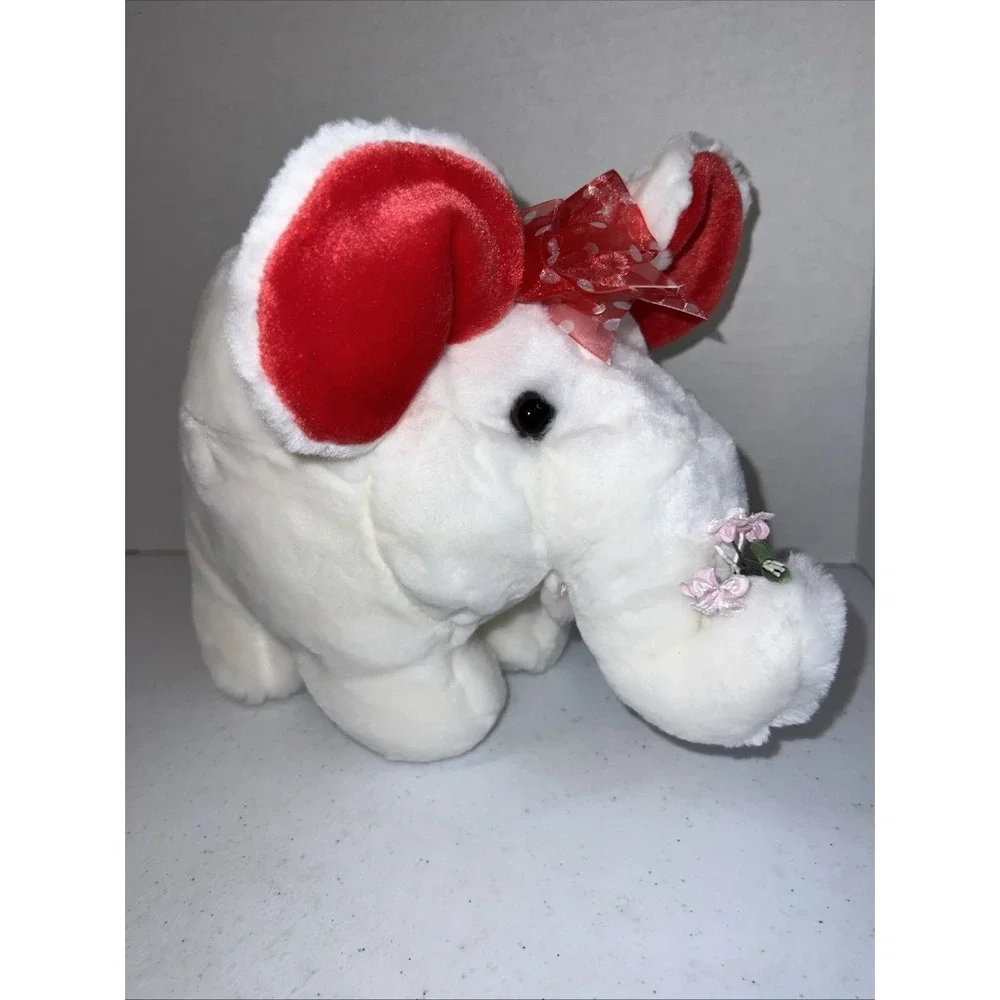 Vintage Walmart Plush White Elephant Red Polka Dot Bow Valentines Flower 10